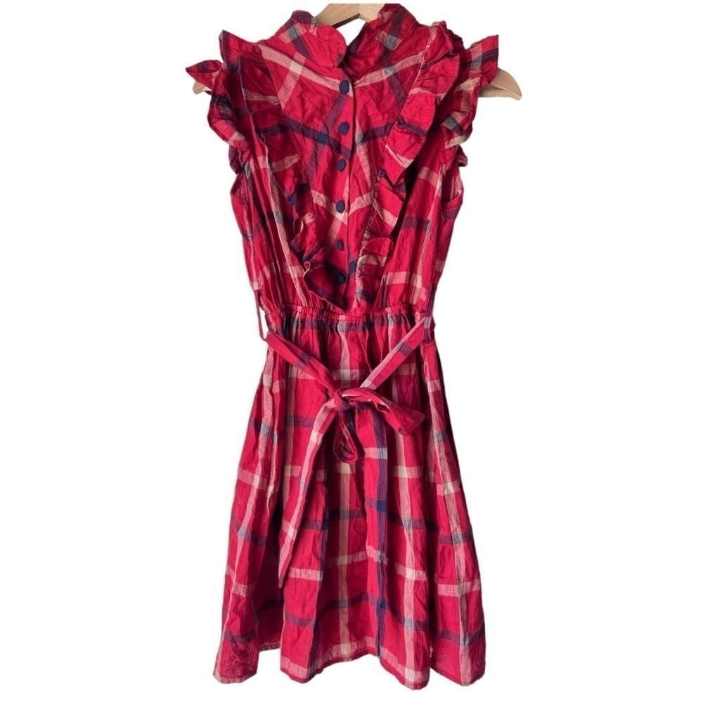 Women's lightweight ruffle strap mini midi dress red blue  plaid Vintage doll S.